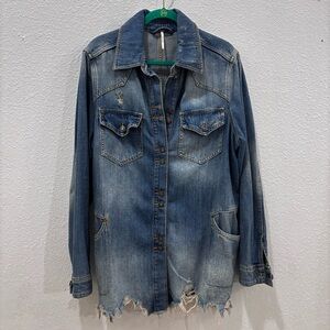 Free People Denim Shirt Jacket Destroyed Oversized Grunge Medium